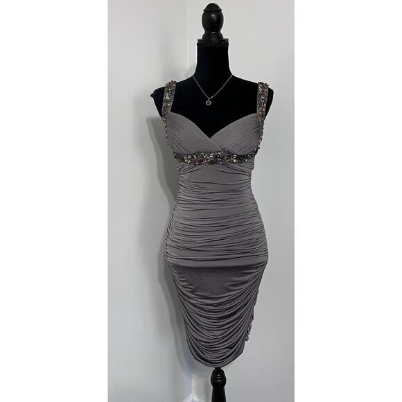 Cache Women Gray Ruche Sweetheart Neckline beaded Bodycon Dress Sz 2 Cocktail - Picture 2 of 15